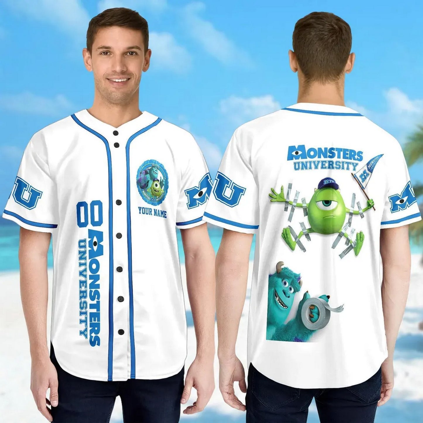 Custom Name And Number Disney Monsters Inc University Simple White Baseball Jersey