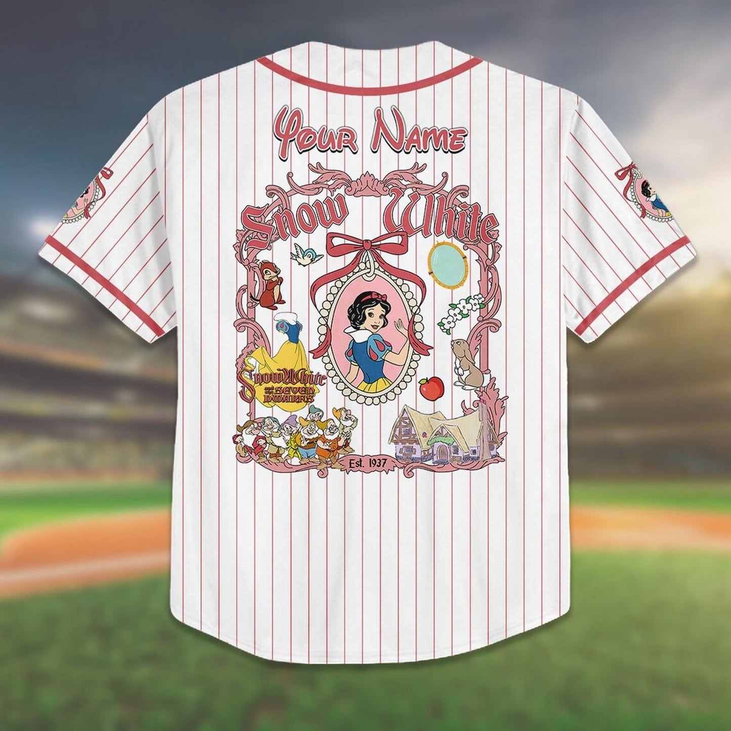 Custom Name And Number Disney Princess Snow White Stripes White Baseball Jersey