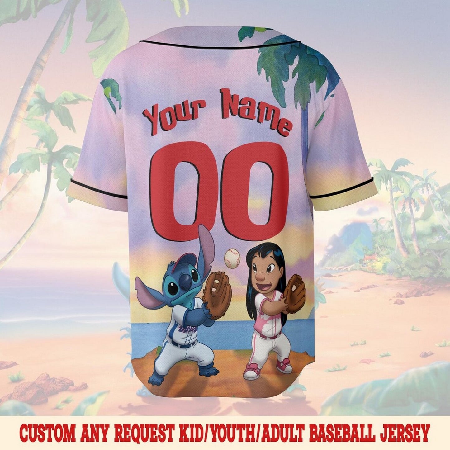 Custom Name And Number Disney Sporty Happy Lilo And Stitch On The Beach Baseball Jersey