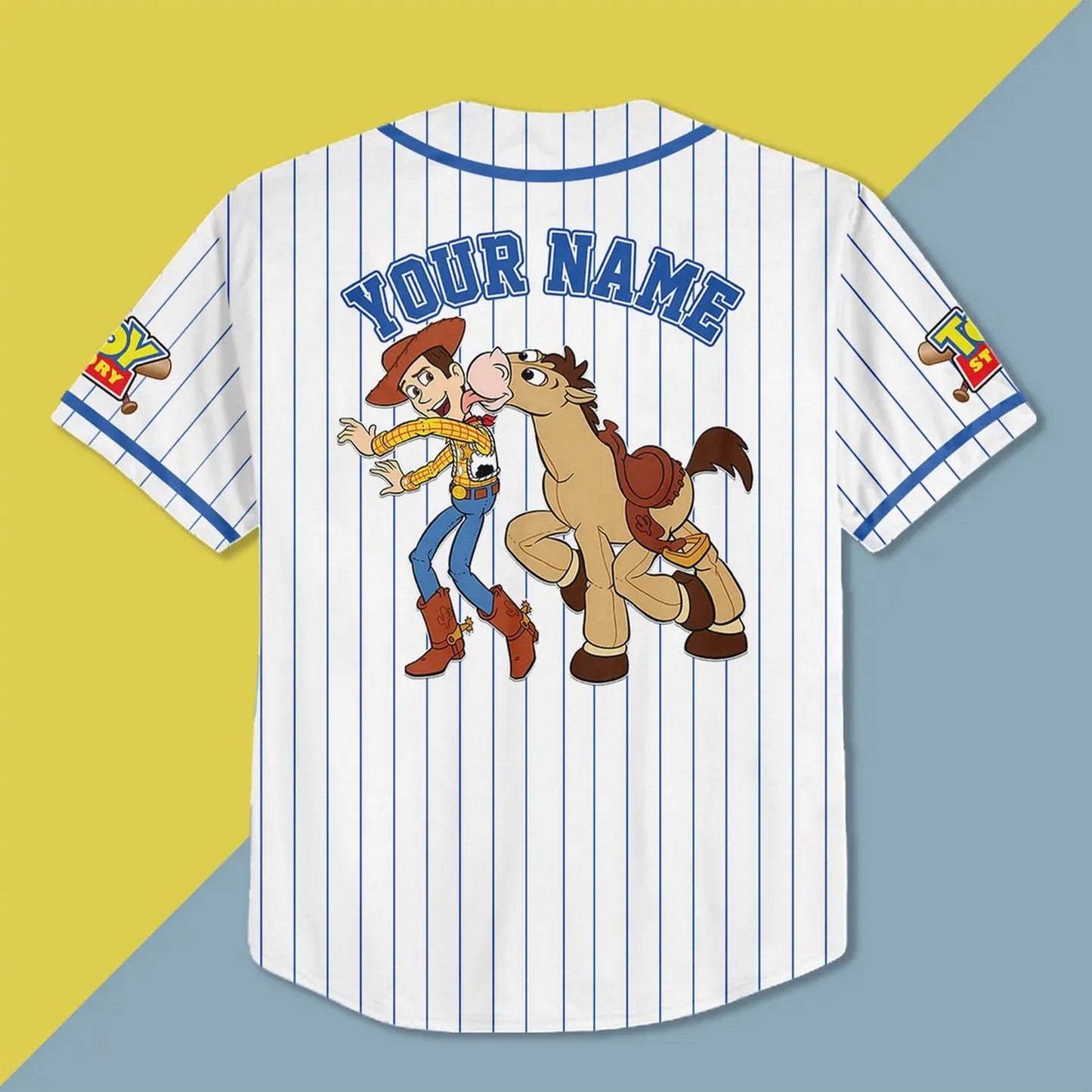 Custom Name And Number Disney Toy Story Bullseye Striped White Baseball Jersey