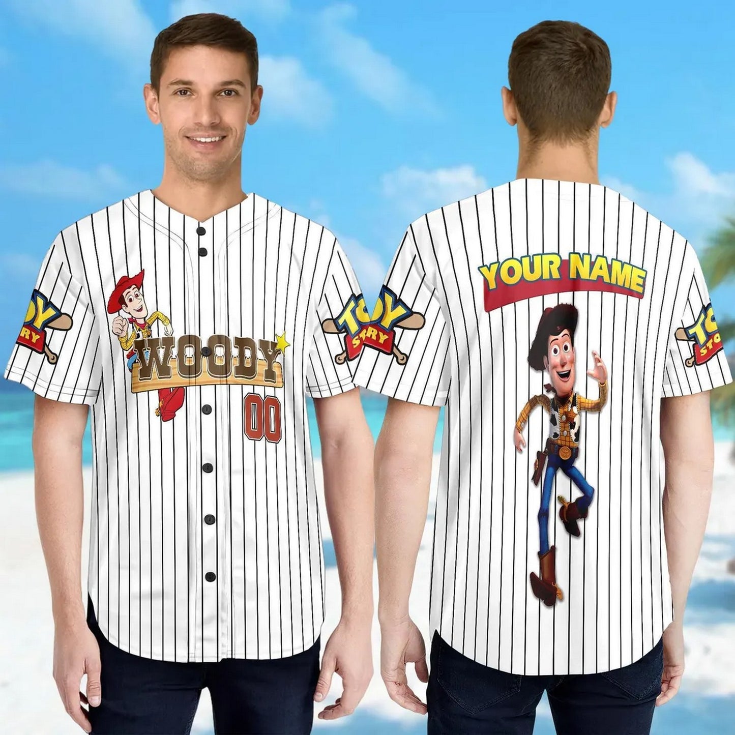 Custom Name And Number Disney Toy Story Woody Striped White Baseball Jersey
