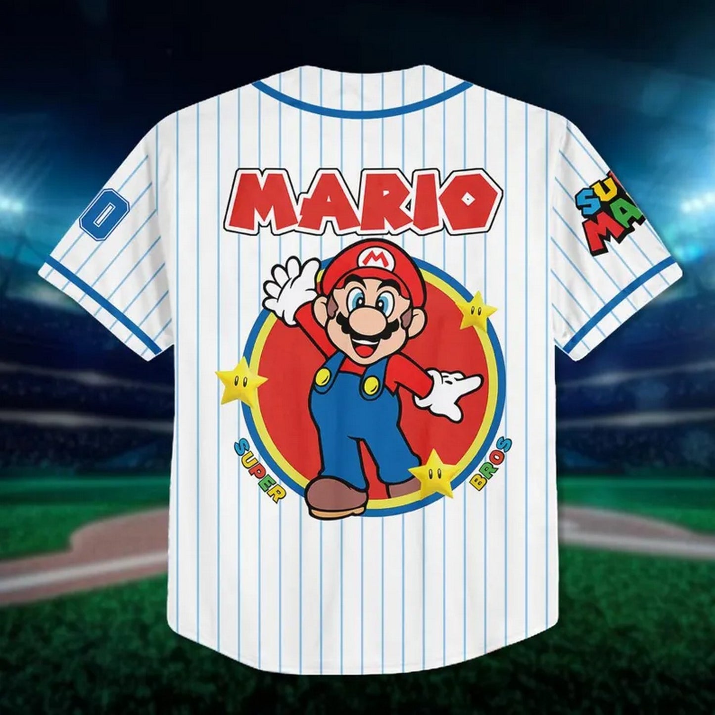 Custom Name And Number Super Mario Blue Stripes White Baseball Jersey
