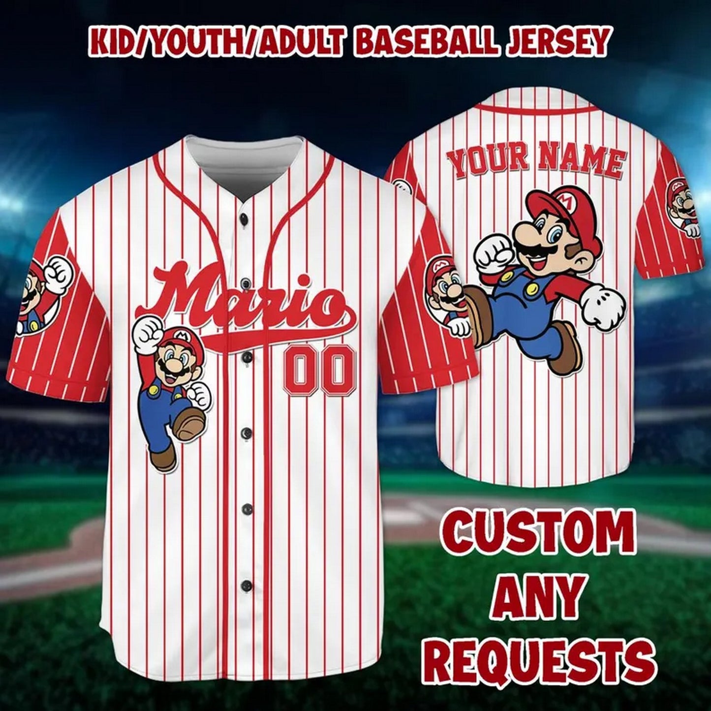 Custom Name And Number Super Mario Red Baseball Jersey