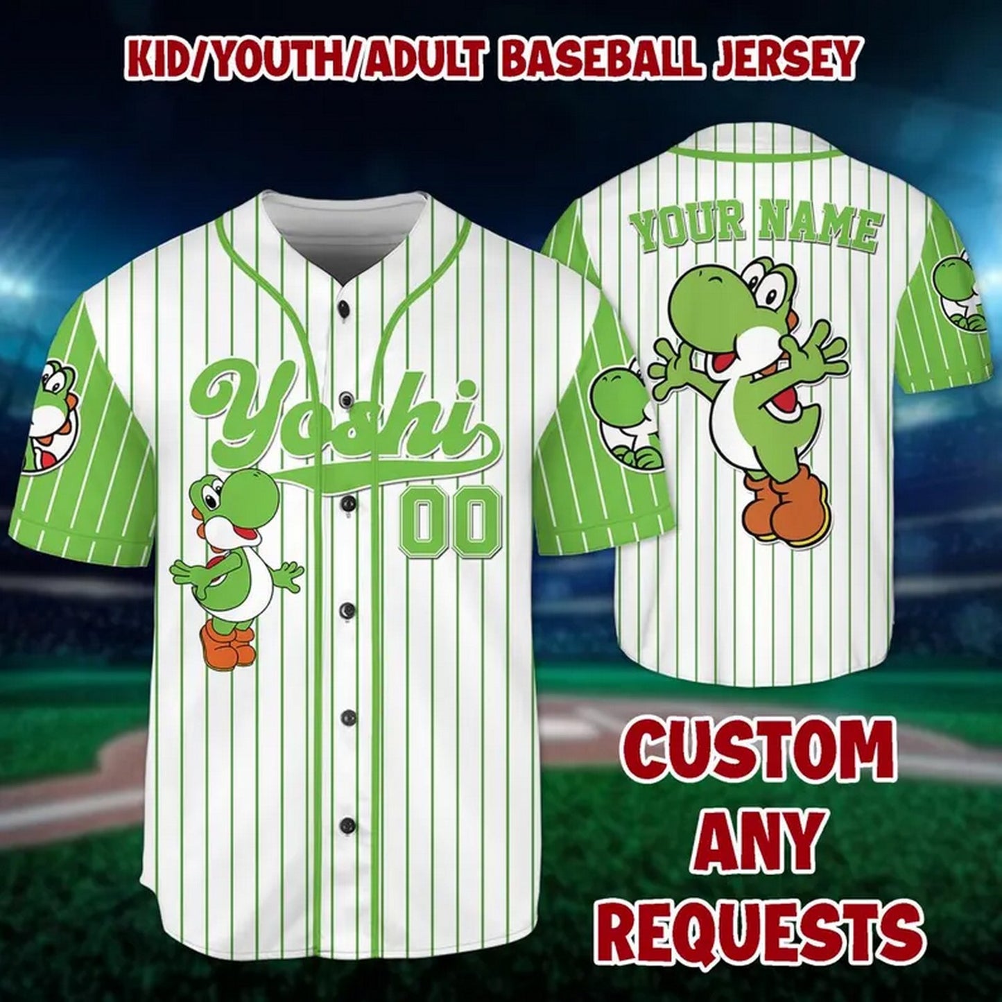 Custom Name And Number Super Mario Yoshi Green Baseball Jersey