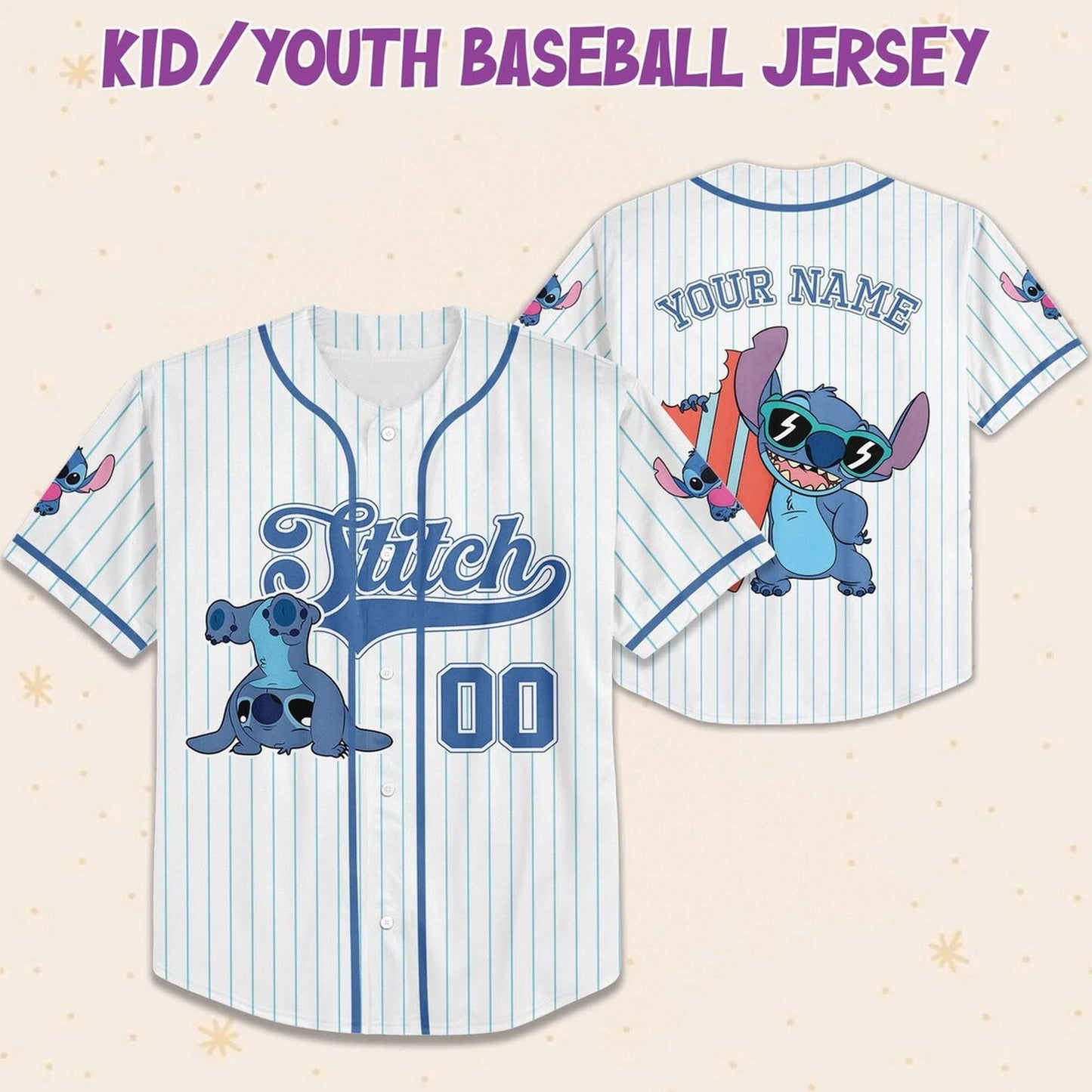 Custom Name Cute Disney Stitch Happy Summer White Baseball Jersey