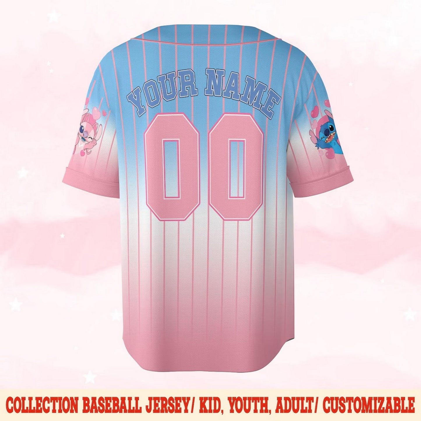 Custom Name Disney Stitch And Angle Blue Pink Baseball Jersey
