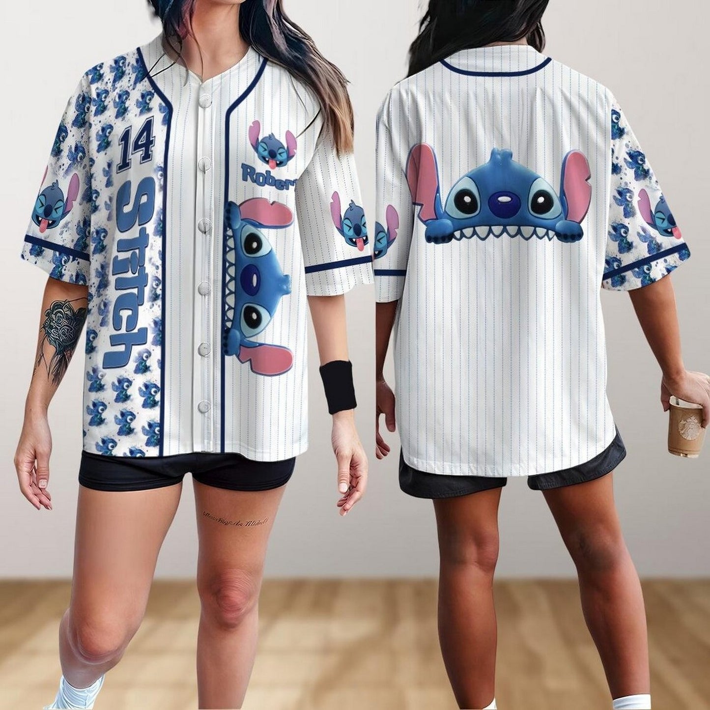 Custom Name Disney Stitch And Tiny Pattern Baseball Jersey