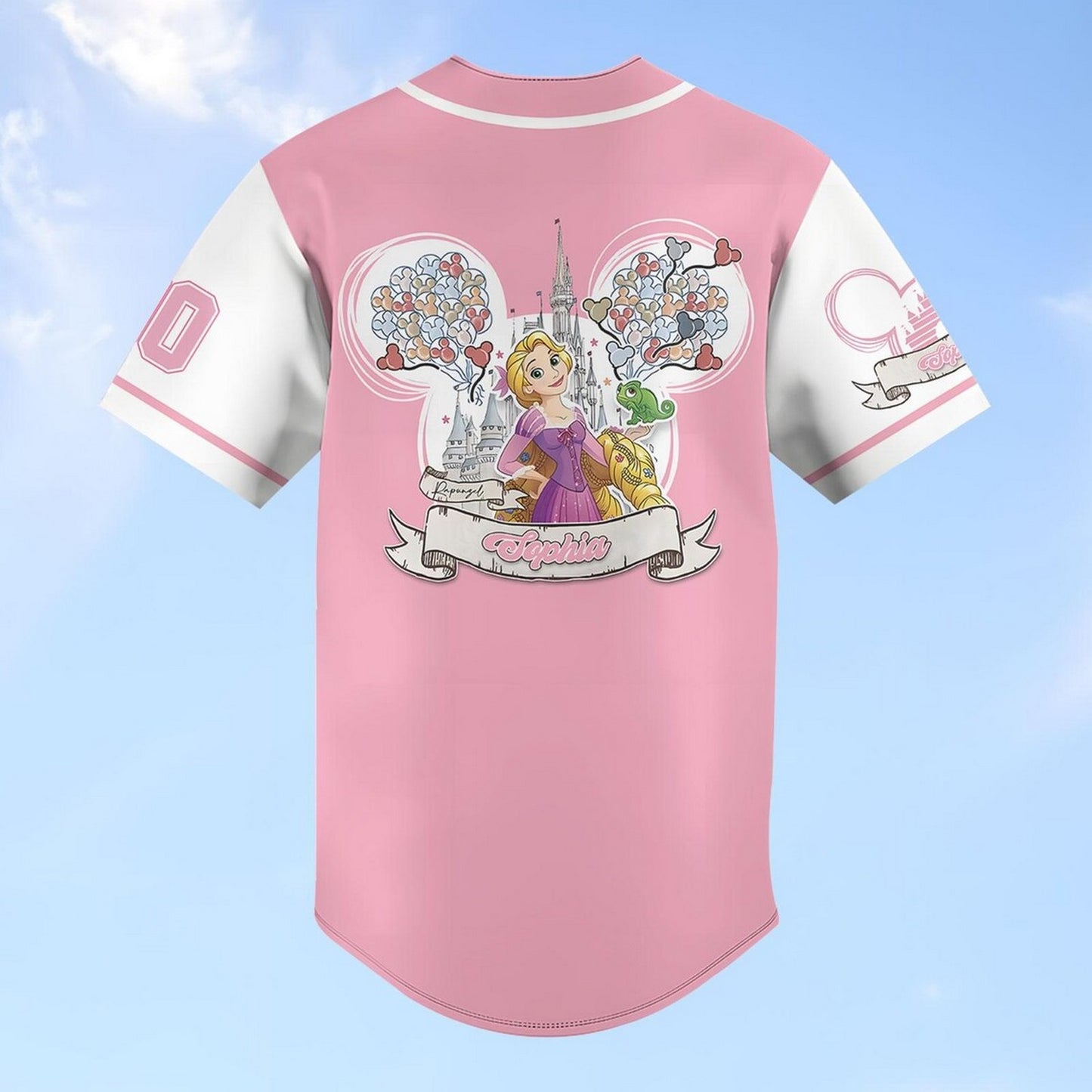 Custom Name Disney Tangled Princess Rapunzel Pink White Baseball Jersey