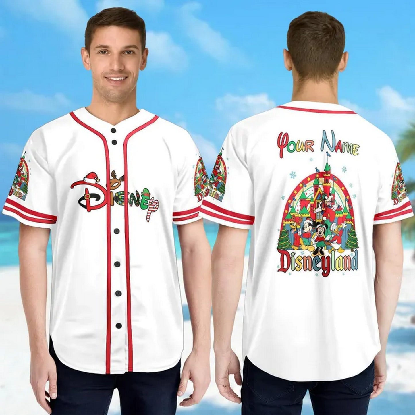Custom Name Disneyland Mickey Mouse And Friends Christmas Simple White Baseball Jersey
