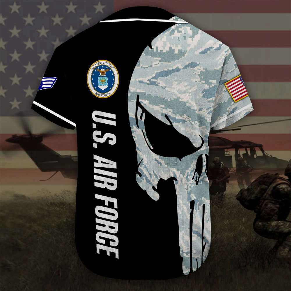 Custom Name Rank US Air Force Skull Camo Baseball Jersey Colorful Full Size