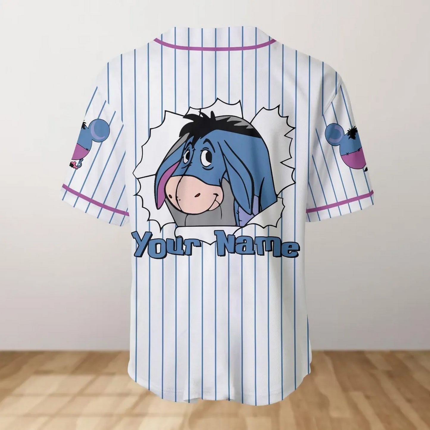 Custom Name Winnie The Pooh Eeyore Stripped White Baseball Jersey