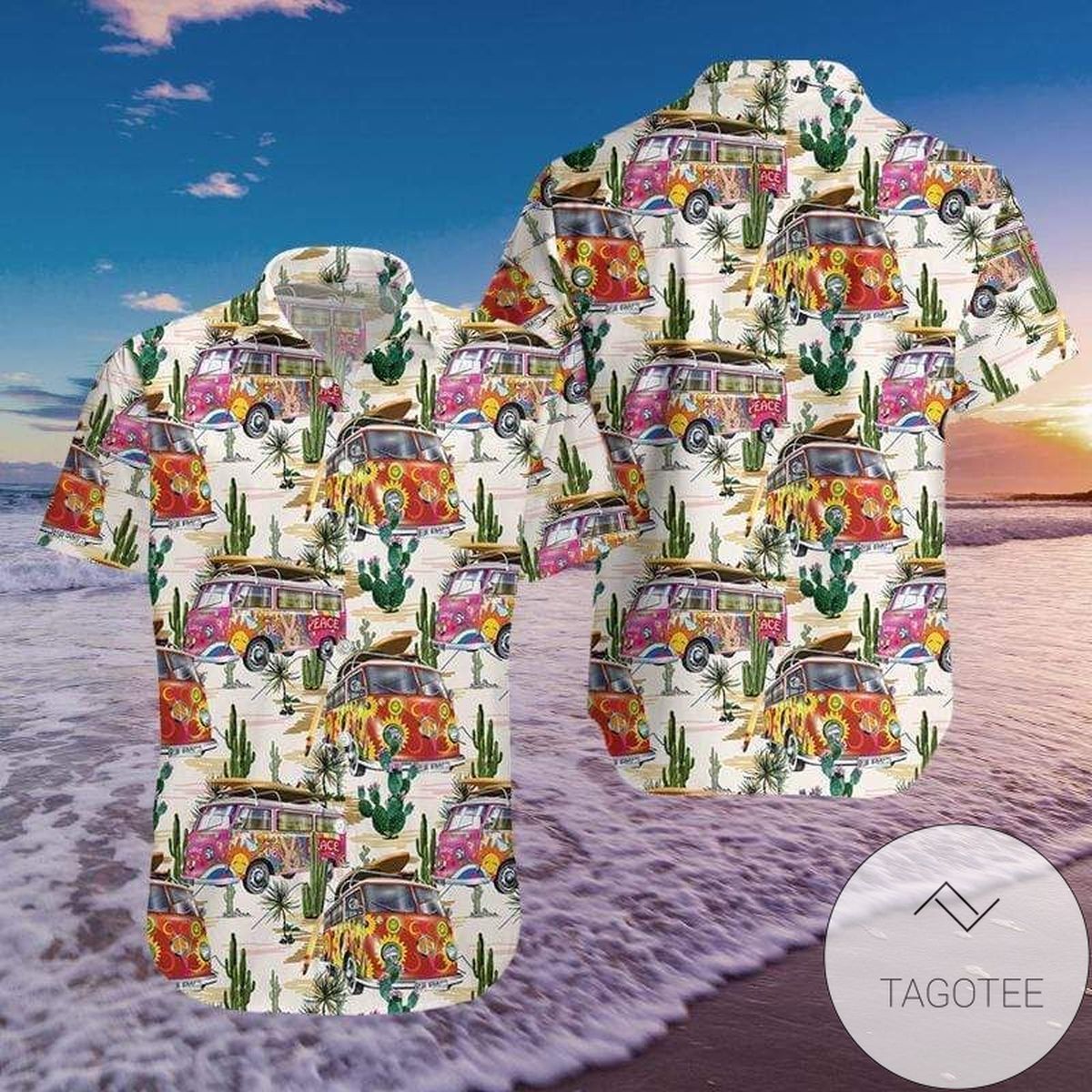 Desert Cactus Landscape With Hippie Cars Hawaiian Shirt Design
