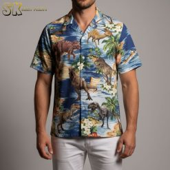Dinosaur Hawaiian Shirt Men Short Sleeve Button Down - Tropical Jurassic Print Aloha Shirt for Summer