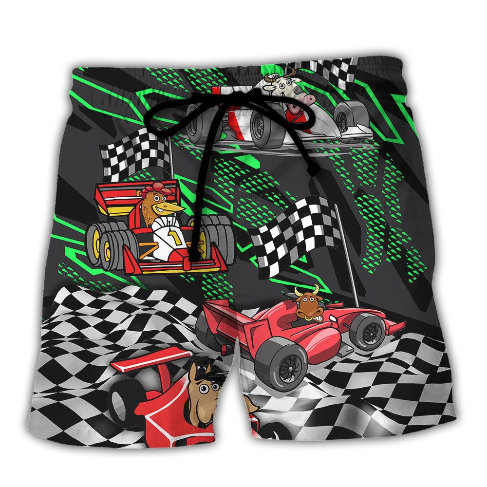 F1 Formula One Animals Racing Car Funny Speed LoverTrendy Aloha Hawaiian Beach Shorts