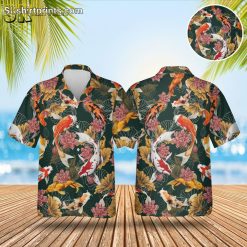 Men's Koi Fish Print Hawaiian Shirt Dark Blue Cotton Button Down Short Sleeve Beach Vacation Tropical