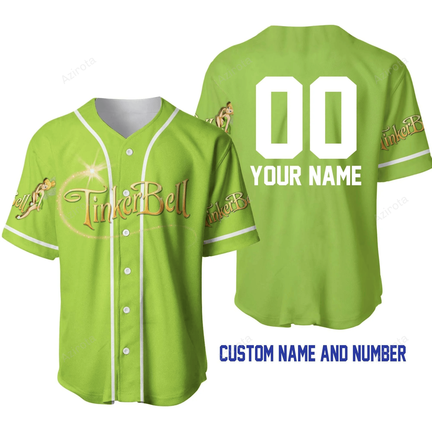 Tinker Bell Lime Green White Disney Unisex Cartoon Graphic Casual Outfits Custom Personalized Baseball Jersey