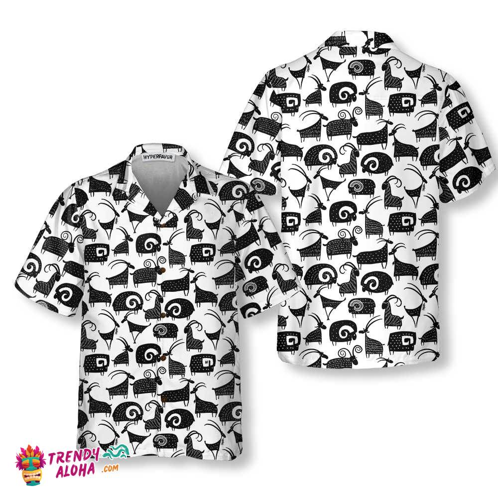 Goat And Ram Seamless Pattern Hawaiian Shirt, Black And White Goat Shirt For Men & Women