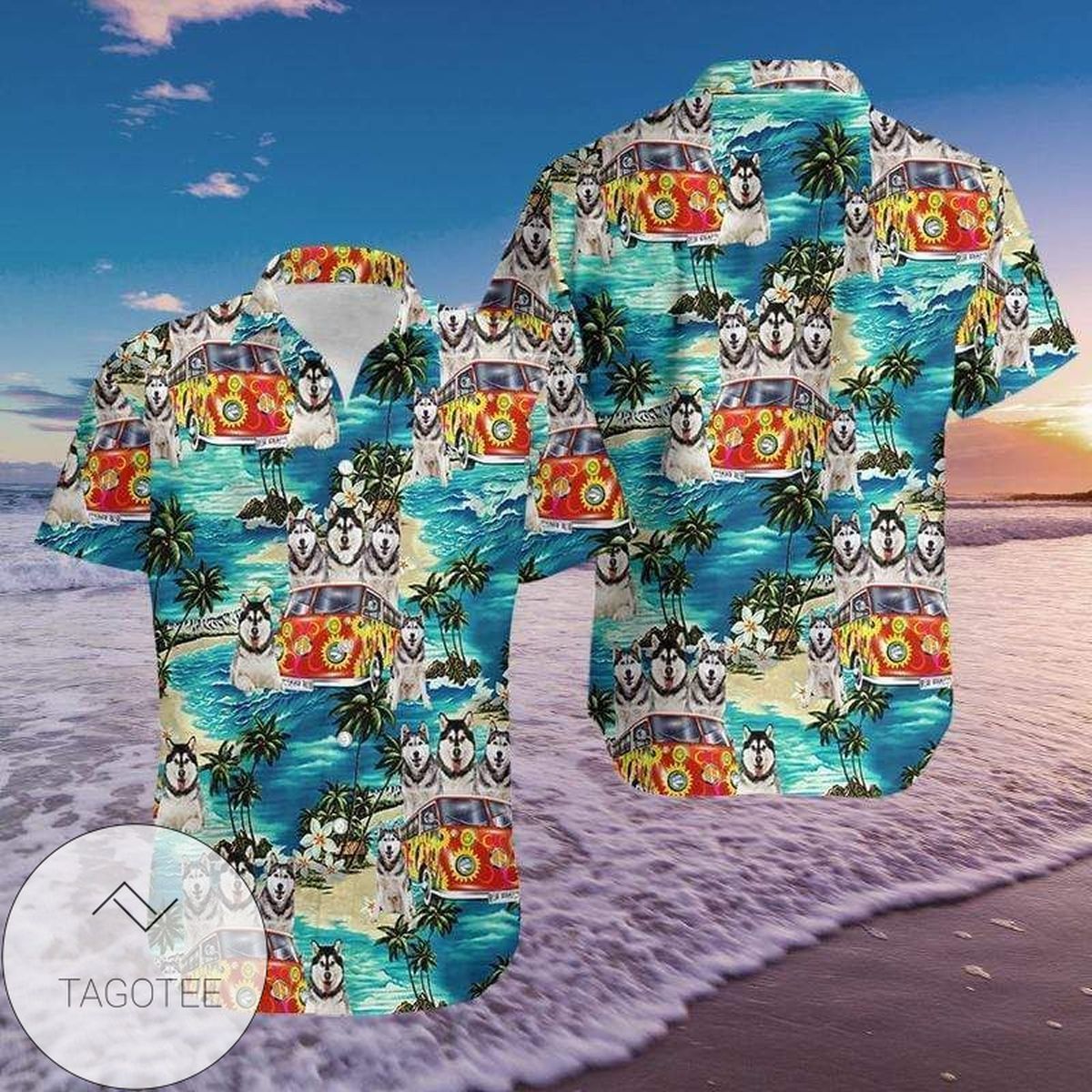 Hippie Car WitHusky Blue Sea Tropical Summer Hawaiian Shirts