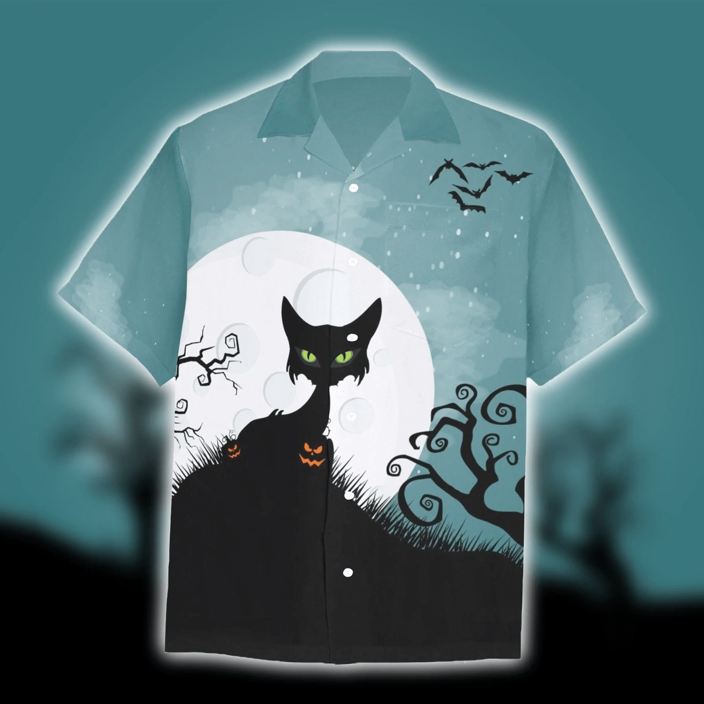 Horror Themed Cat Design Hawaiian Halloween Shirt