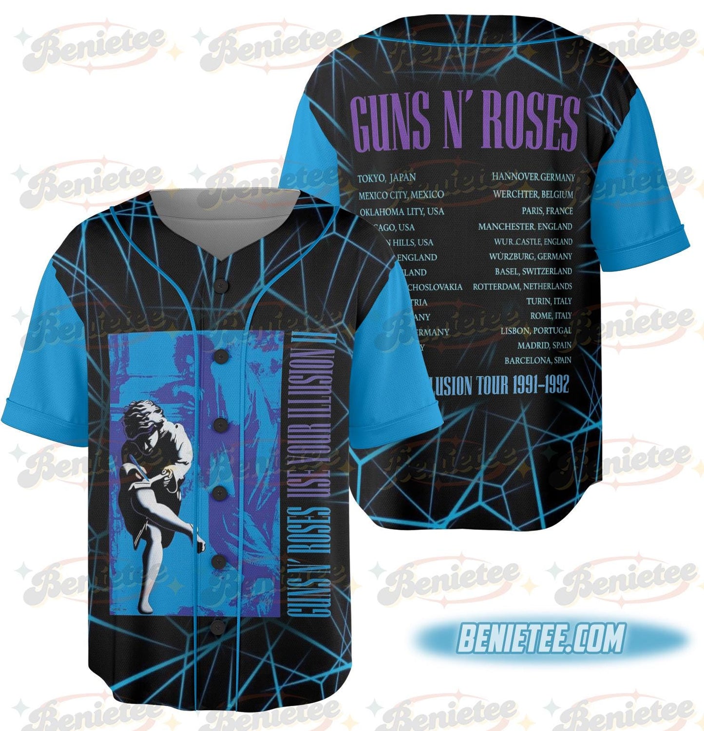 Guns N' Roses 40th Anniversary Jersey, 1985-2025 Rock Band Graphic Tee with Signatures