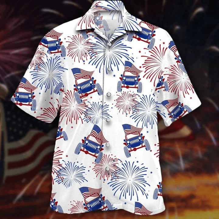 Jee Car Trendy Hawaiian Shirt, Flag Jee And Fireworks Beautiful Design Trendy Hawaiian Shirt