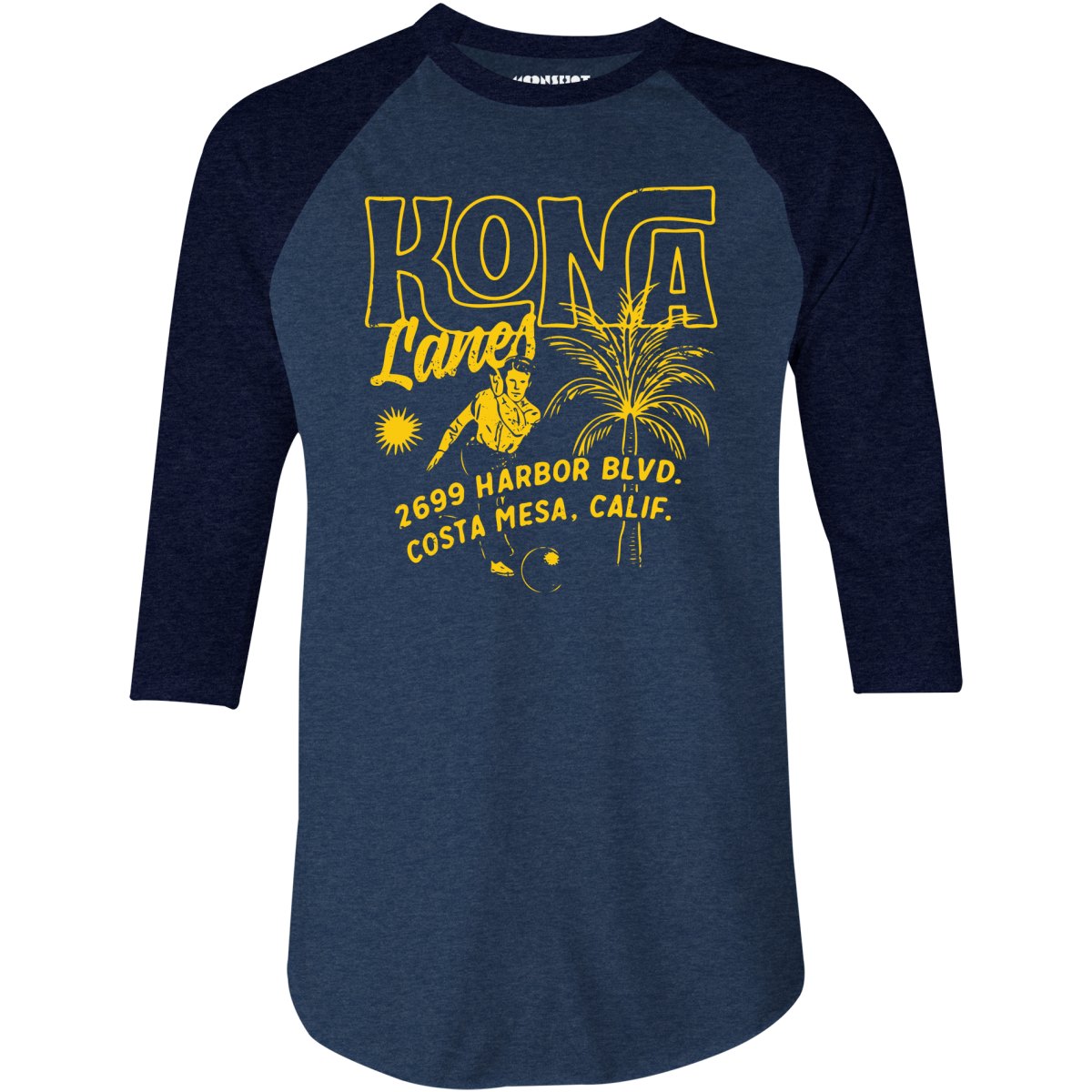 Kona Lanes v3 - Costa Mesa, CA - Vintage Bowling Alley - 3/4 Sleeve Raglan T-Shirt