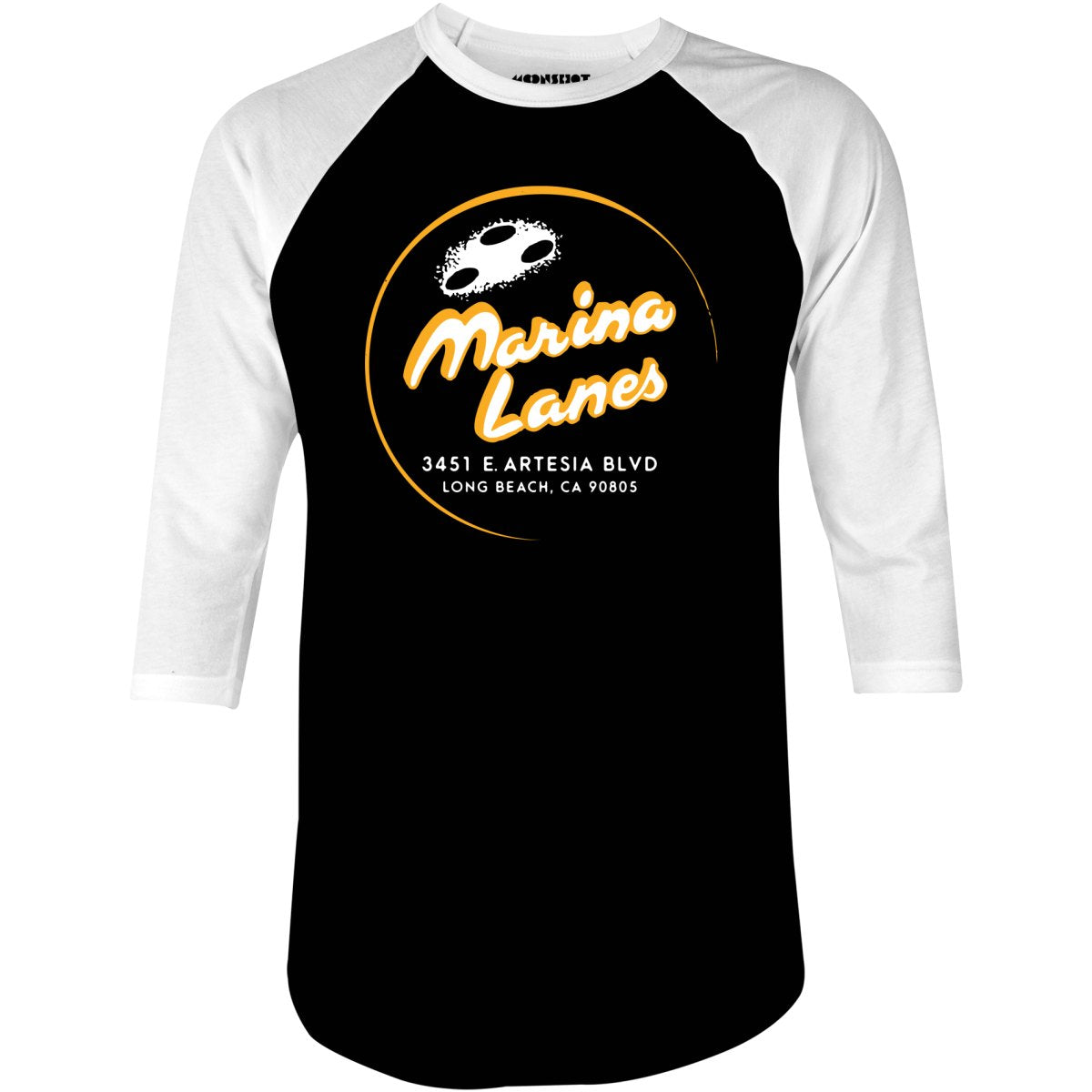 Marina Lanes - Long Beach, CA - Vintage Bowling Alley - 3/4 Sleeve Raglan T-Shirt