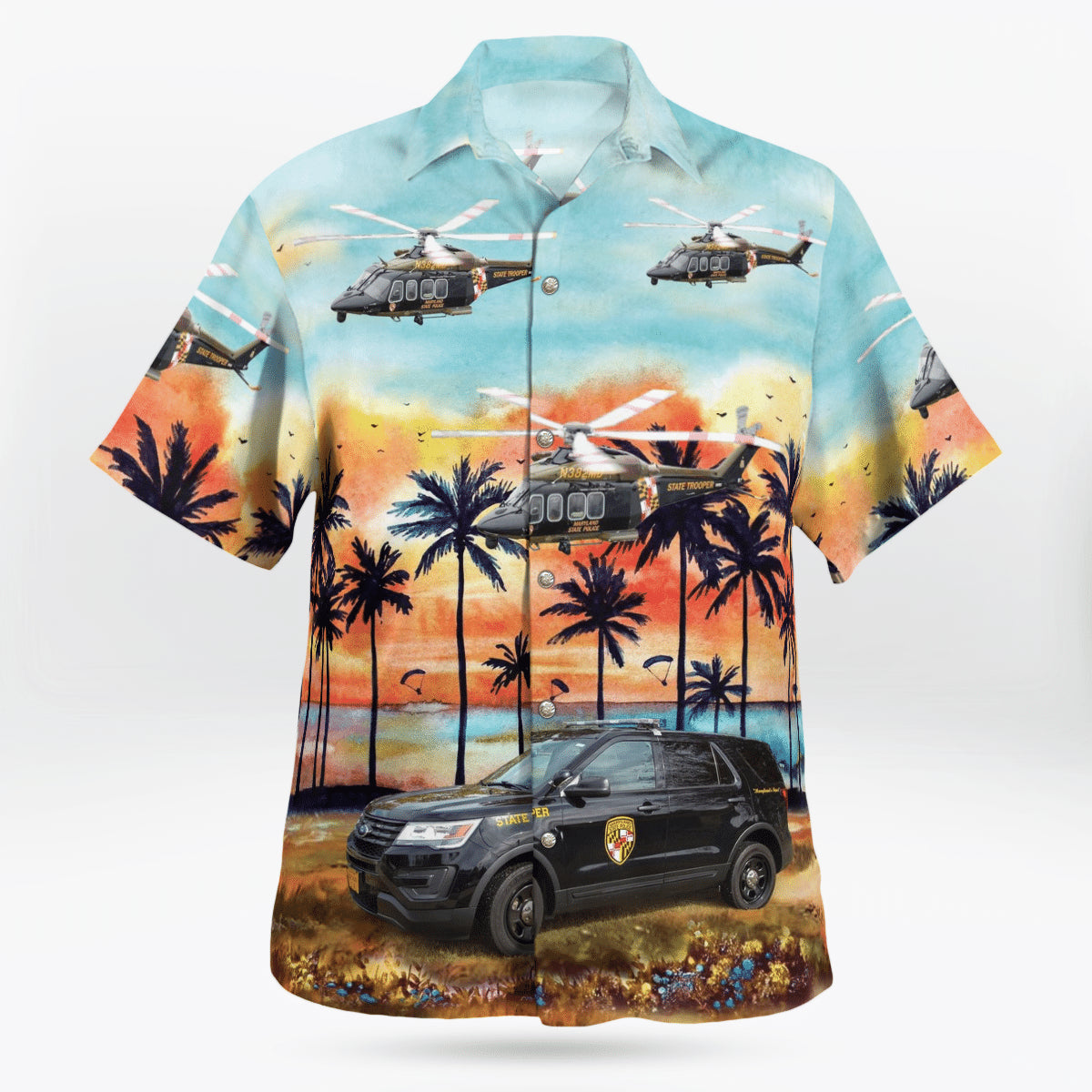 Maryland State Police Ford Utility Interceptor And Agustawestland Helicopter Hawaiian Shirt