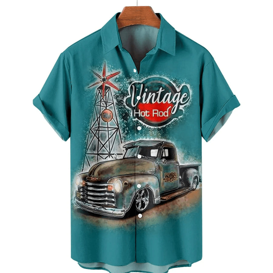 Men's Retro Simple Car Contrast Color Casual Trendy Hawaiian Shirts For Men, Women