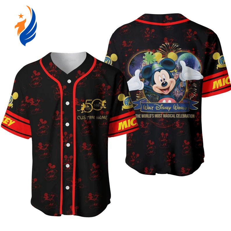 Mickey Mouse 50th Anniversary 3D Baseball Jersey - Black Red Unisex Shirt - Bafud