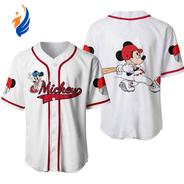 Disney Mickey Mouse White Red Unisex Baseball Jersey – Custom Cartoon Graphic Casual Outfit - Bafud