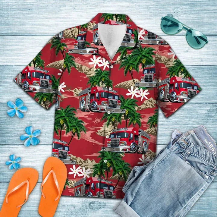 Multicolor Firefighter Car Palm Island Pattern Trendy Hawaiian Shirt