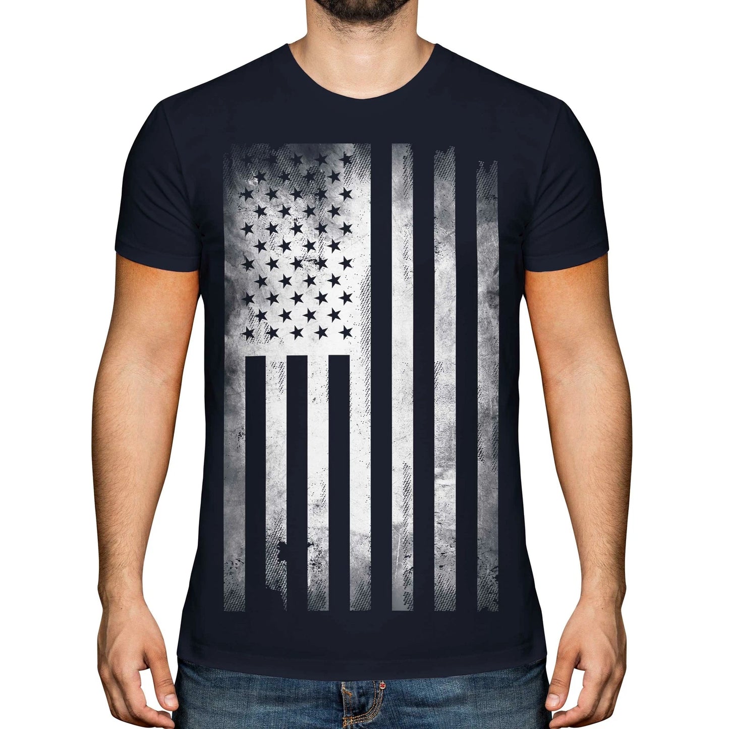 STARS AND STRIPES FADED PRINT MENS FASHION T-SHIRT TOP ROLLED SLEEVE USA FLAG