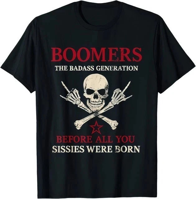 The Badass Generation Boomers T-Shirt Funny Quote Skeleton Graphic Black Tee