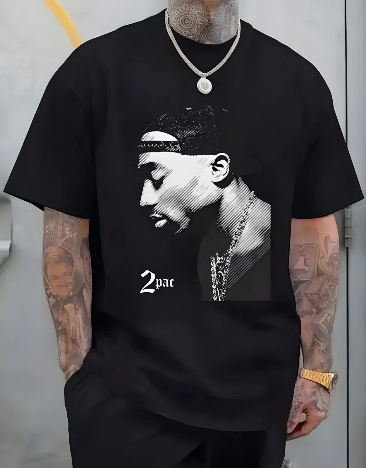 Men's Tupac Black Short Sleeve T-Shirt Crew Neck Top for Urban Streetwear 3xl