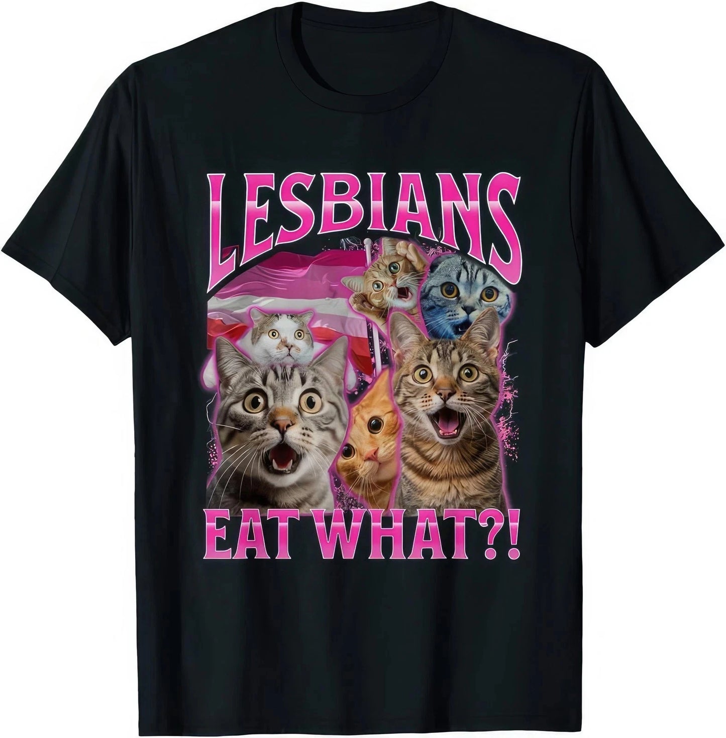 Lesbians Eat What T-Shirt Funny Cat Meme Graphic Tee Vintage Bootleg Style UK
