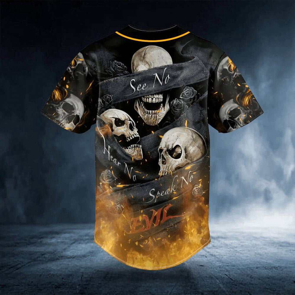 See Hear Speak No Evil Fire Skull Custom Baseball Jersey For Men Women - lylyprint.com