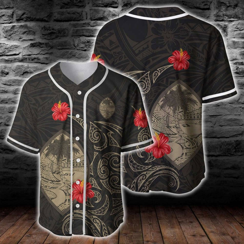 Stylish Guam Hibiscus Tattoo Baseball Jersey – Trendy Design for Sports Enthusiasts