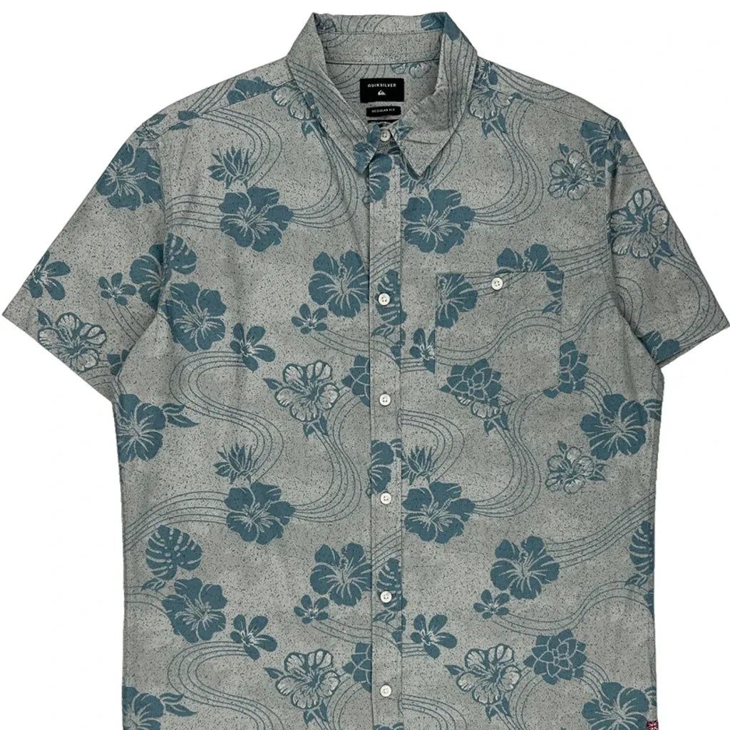 Quiksilver Floral Hawaiian Shirt - Medium Blue Cotton