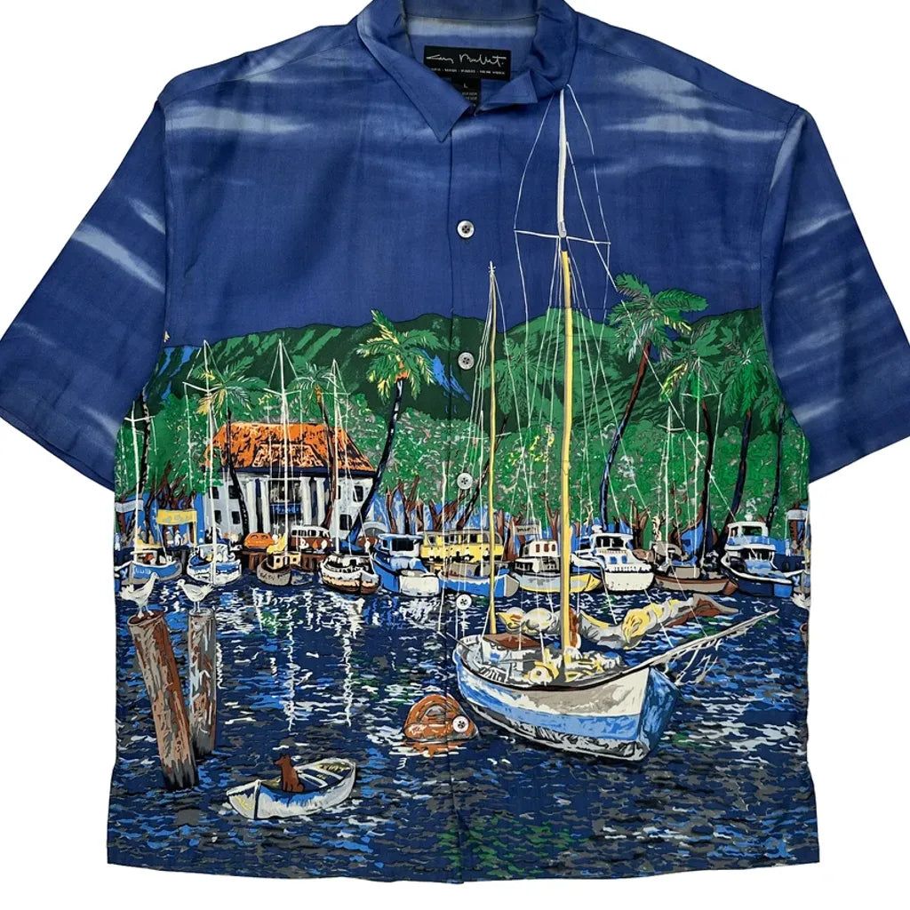 Unbranded Graphic Hawaiian Shirt - Large Blue Silk