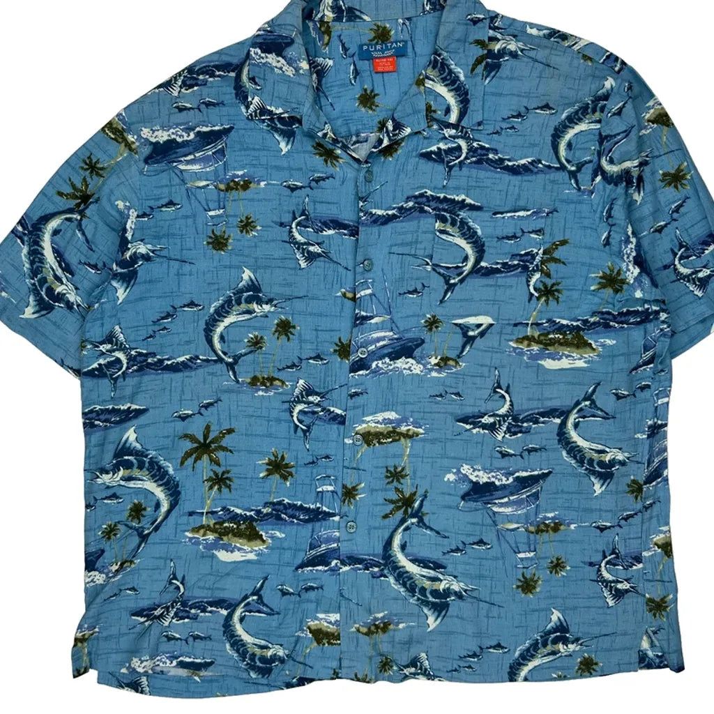 Puritan Graphic Hawaiian Shirt - XL Blue Viscose