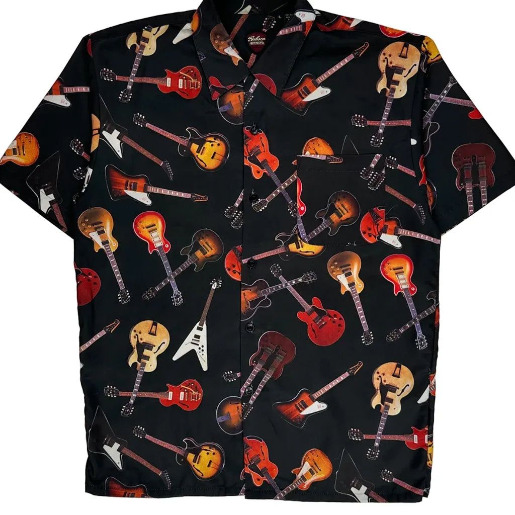 Guitar Print Gibson Tour Wear Graphic Hawaiian Shirt - Large Black Polyester