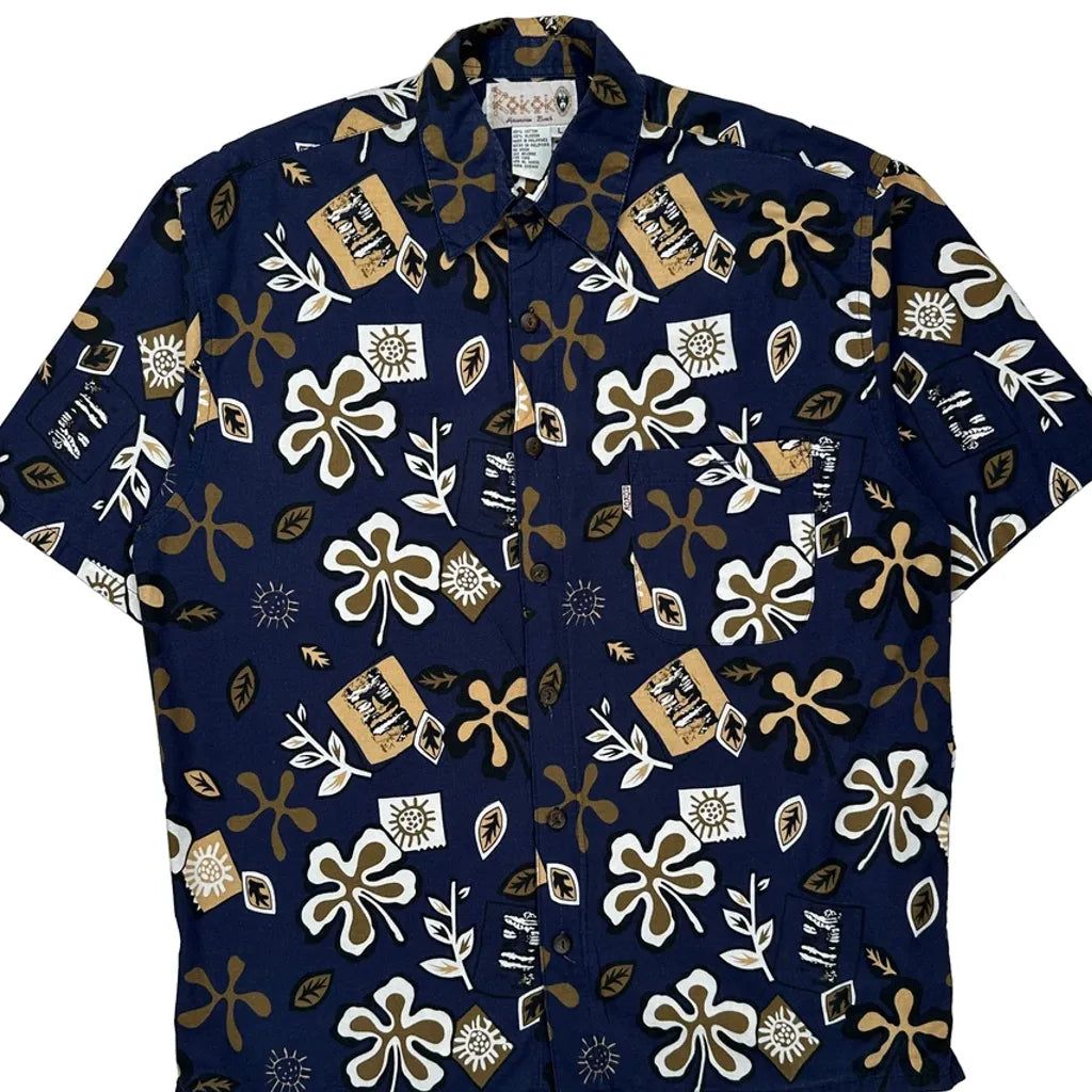 Rokok Floral Hawaiian Shirt - Large Brown Cotton