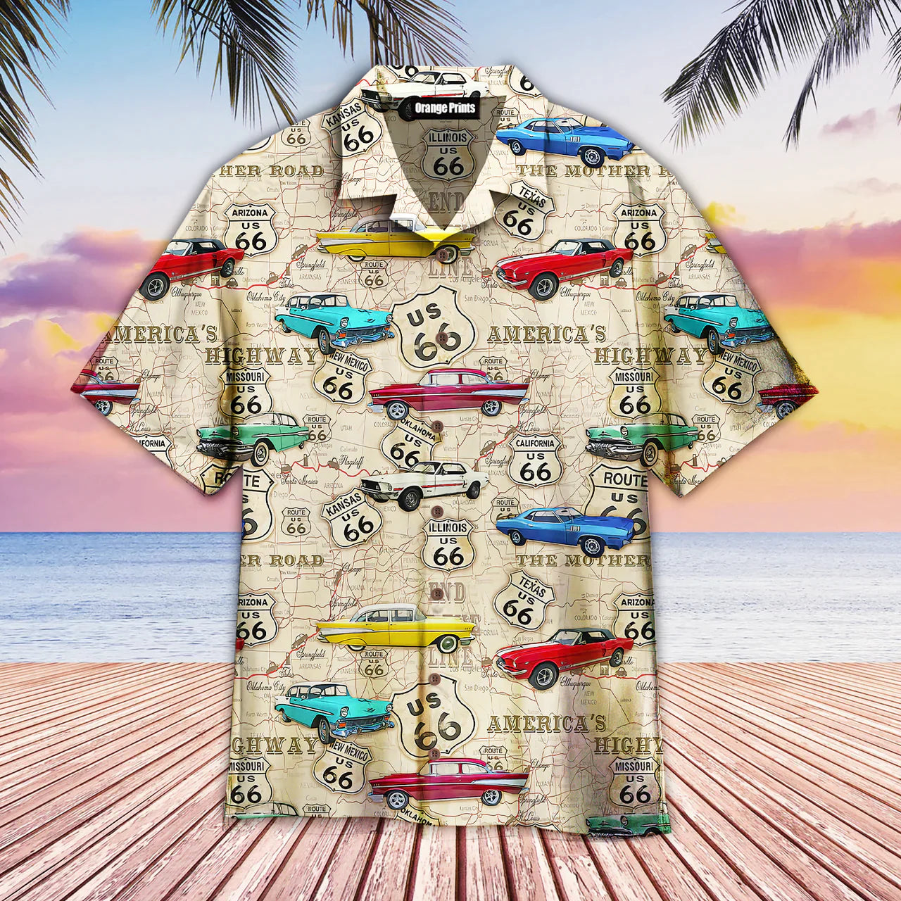 Vintage Muscle Car On Route 66 Aloha Trendy Hawaiian Shirts For Men & For Women