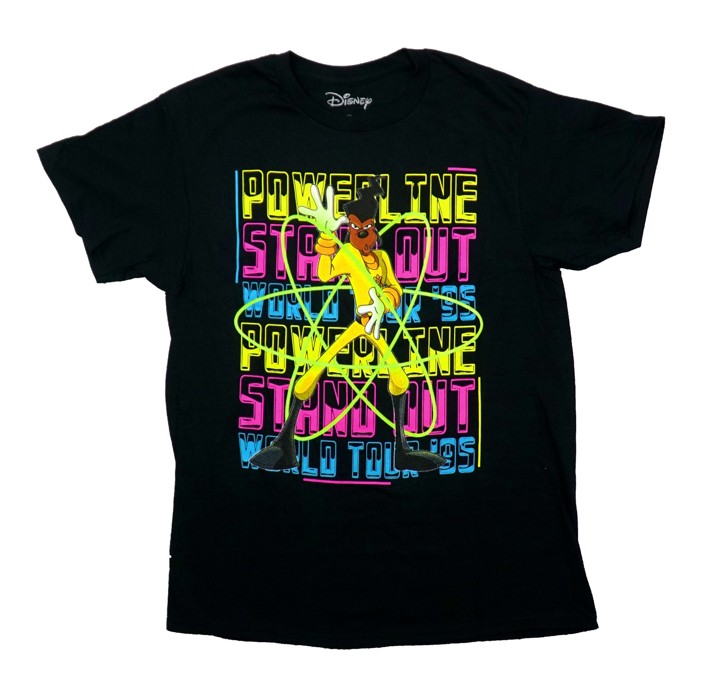 Powerline Mens T-Shirt -Neon Stand Out World Tour '95 on Front Cities