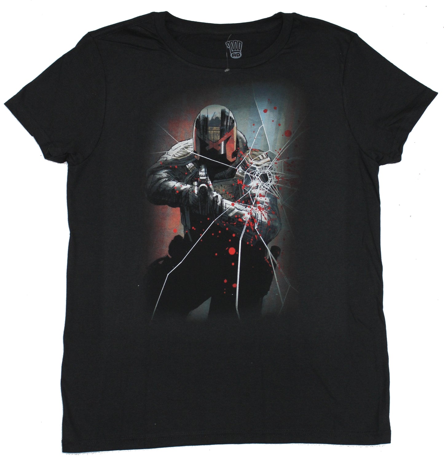 Judge Dredd Mens T-Shirt - Crouched Behind Bullet Shot Glass Image