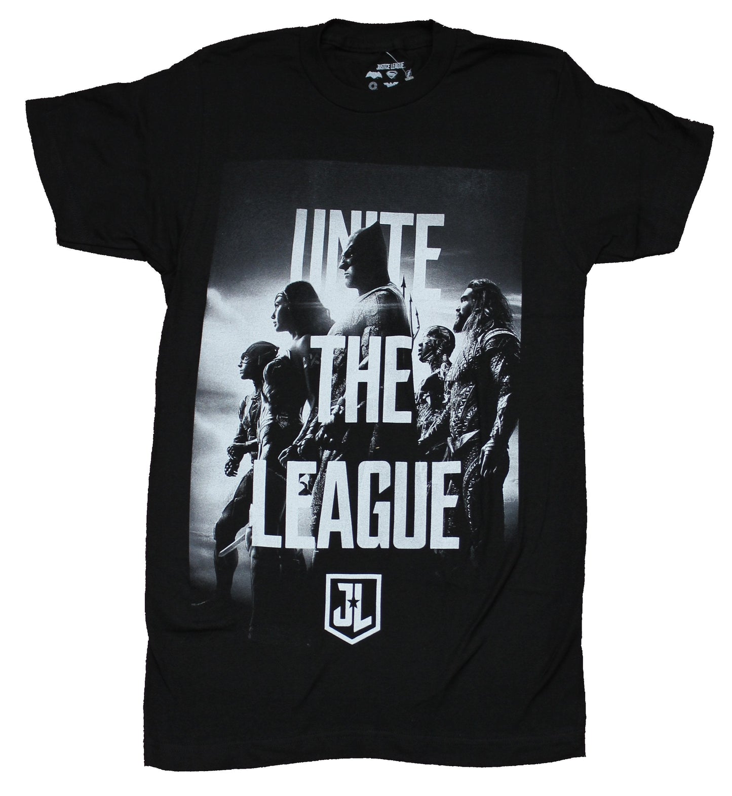 Justice League Mens T-Shirt - Unite The League Black & White Photo