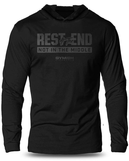087. Rest At The End Lightweight Workout Long Sleeve Hooded Gym T-shirt for Men Soft Cotton Menswear