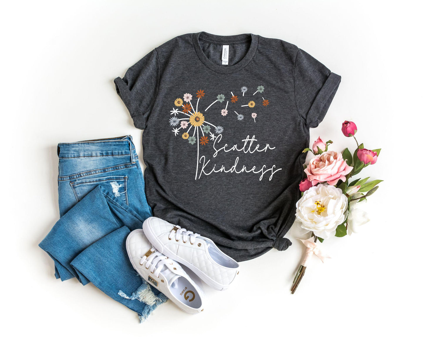 Kind Scatter Kindness Positive Quote Tees Dandelion Floral Tee (2)