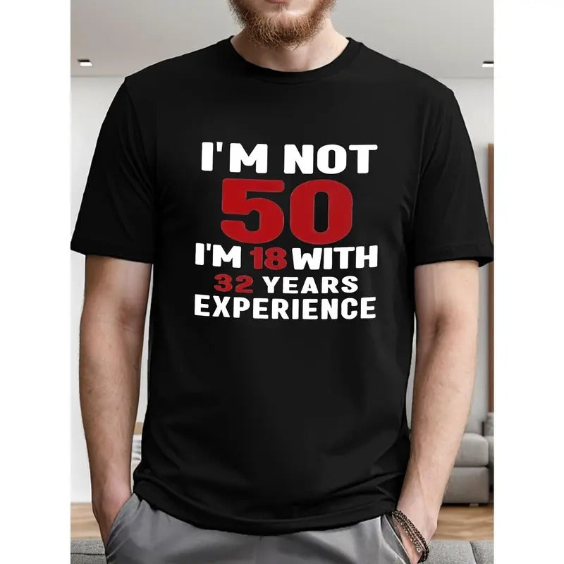 1 pc, 100% cotton T-shirt, 50th Birthday T-shirt - Comfortable Breathable Short Sleeves, Lightweight Summer Top for Men, Milestone Celebration Gift Made in USA
